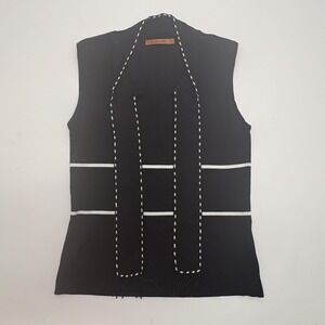 Bellami Sweater Vest Womens‎ M Black Stripe Open Front Fringe Knit Casual